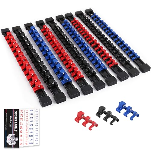 SWANLAKE 9-Piece Premium Socket Holder Organizer Set, 1/4-Inch x 48 Clips, 3/8-Inch x 45 Clips, 1/2-Inch x 36 Clips, Premium Quality Socket Clip Rail Holder - style: 9PCS Blue&Red&Black