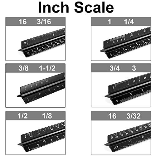 Architectural Scale Ruler, 12 Inch Aluminium Architect Scale Ruler, Imperial Metal Engineers Triangular Ruler for Architects, Students and Draftsmen, Laser Etched Markings - color: Black