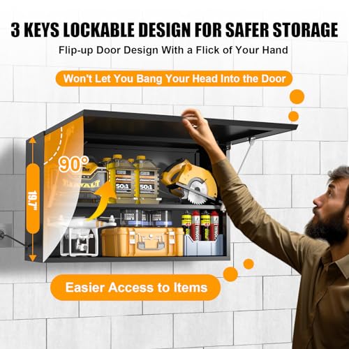 Garage Wall Cabinet, Metal Tool Cabinet with Lock&Adjustable Shelf - color: Black
