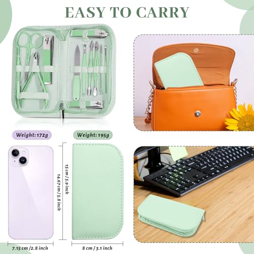 Manicure Pedicure Set, Nail Clipper Set for Men Women, Professional Manicure Kit Pedicure Kit, Nail Care Kit with Green Travel Leather Bag, Set 12 in 1 - color: green