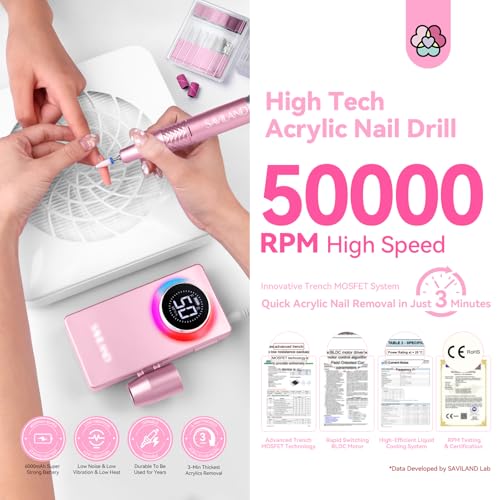 SAVILAND 50000RPM Electric Nail Drill Professional Kit for Acrylic Nails - color: 1-light Pink