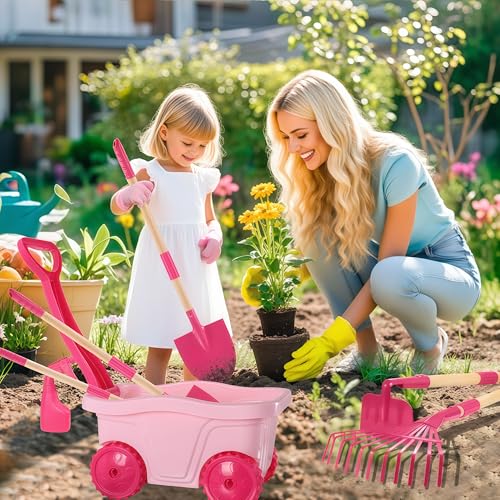 Duckura Kids Gardening Set with Wheelbarrow, Metal Garden Tools for Girls | Shovel, Rake, Lawn Digging & Weeding Kits toys, Outdoor Yard Birthday Gift Toy for Age 2 3+ years old - color: Pink-8pcs