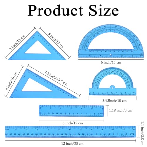 Plastic Clear Ruler Math Set, 6" | 12" Straight Ruler Protractor, 2 Protractors 180 Degree 2 Triangle Rulers 45 | 60 Degree 2 Straight Rulers Measuring Tool for School Office Home Supplie,Blue - color: Blue