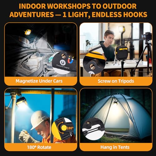 tekstap 6000mAh Magnetic Work Light Rechargeable with 4000 Lumen IP65 Waterproof, 30H Runtime, 4 Brightness & 4 Color Modes with Red SOS, Strong Magnet Base for Car Repair, Camping, Emergency 1PC