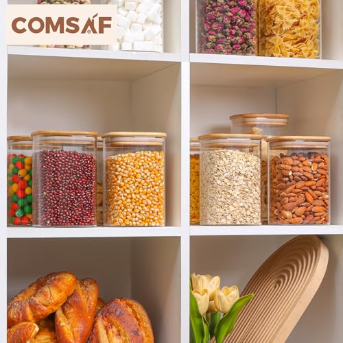 ComSaf Square Glass Containers with Lids 1.2 Qt, Set of 9 Pantry Glass Jars | Food Storage Jar, Kitchen Canisters, Storage Container, Bamboo Lid with Silicone Seal, Cookie, Flour, Spice, Coffee, BPA Free - size: 1.2Qt*9