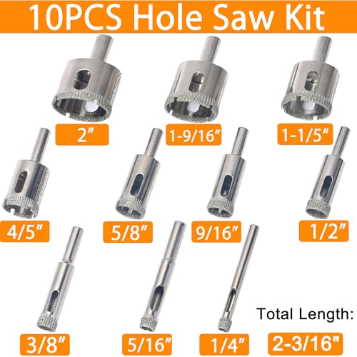 Diamond Drill Bits for Glass 1/4"~2" Tile Drill Bits Set with Three Suction Cups Hole Saw Guide Jig Diamond Hole Saw Drill Bit for Ceramic Pots Porcelain Tile Granite Marble10PCS - size: 1/4"-2"