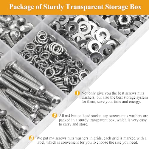 385 Pieces M4 Screws Nuts Washers Set, Sutemribor M4 x 5/6/8/10/12/16/20mm Button Head Socket Cap Screws Nuts Washers Assortment Kit, 304 Stainless Steel, Fully Threaded - size: M4, style: Button Head Socket Cap