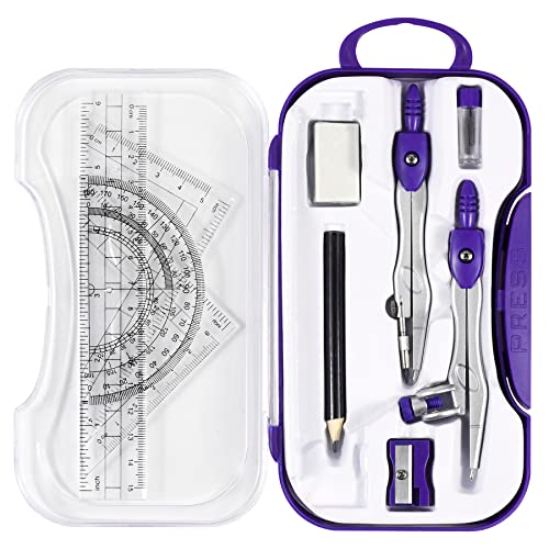 Unjoo Geometry Set 10 Pcs Student Supplies, Protractor and Compass,Purple - color: Purple