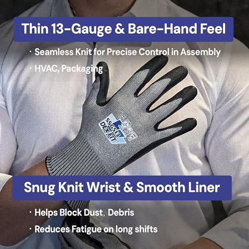 DEX FIT SSG513 Stainless Steel Cut Resistant Gloves, ANSI A5, Durable Non-Slip Nitrile Grip, Touchscreen, Comfort Stretchy Fit, Thin & Breathable, Machine Washable; Gray S (7), 3 Pairs - color: A5 Gray Lite, size: Small (3 Pairs)