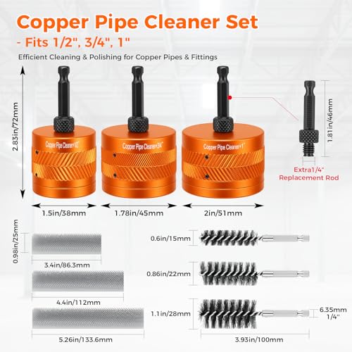 1/2" & 3/4" &1”Copper Pipe Cleaner Set for Drill with 1/4" Hex Shank | 2 Pipe Cleaning Brushes & 6 Exchange Blades & 1 Rod 3 Copper Metal Pipe Brushes Kit Plumbing Tools for Rust Stains Paint - size: 1/2" + 3/4"+1"