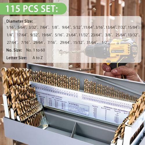 Cobalt Drill Bit Set - 115Pcs M35 HSS Bits, 1/16"-1/2", A-Z, #1-#60 - style: 115 pcs Cobalt