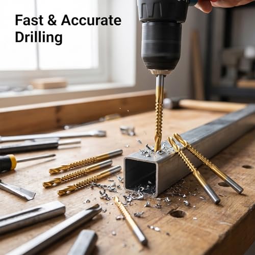 JJUNW 6 Pack Titanium Coated HSS Twist Drill Bits, 3-8mm Serrated Side Cutting Drill Bit, Hex Shank Serrated Cutting Drill Bits, Woodworking Tools for Wood Metal Plastic Hole