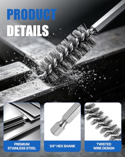 12 Pcs Stainless Steel Wire Bore Brush for Drill with 1/4” Hex Shank, Wire Brush Bore Cleaning Brush Set, Drill Attachment for Tube Cleaning, Pipes, Tubes, Polishing (5/16"-1-3/16")
