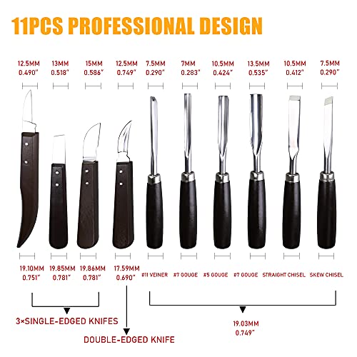 Woodworking 11 PC Carving Chisel Set with Wooden Storage Case - Gouges, Chisels and knifes for Hobbyists and Professional Wood Carving Tool - size: 11 Piece Carving Chisel