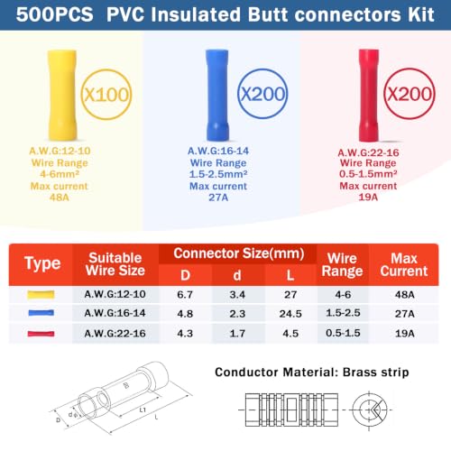 500Pcs Butt Splice Connectors Kit 22-10 AWG - color: 500pcs-(22-10)
