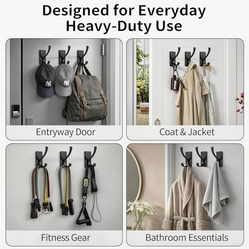 Jesginboo Self Adhesive Heavy Duty Coat Hooks for Wall, 4 Packs Black