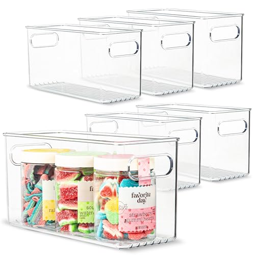 Plastic Food Storage 6 Pack Clear Container Bin with Handles for Organizing Kitchen, Pantry, Refrigerator, Freezer, Pantry, Cabinet, Closet, Bathroom. 10”x4”x5” - size: 10x4x5