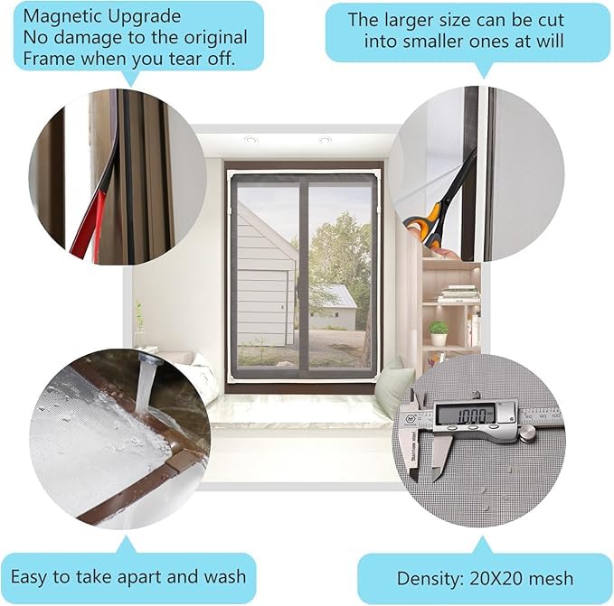 Magnetic Window Screen, Max 71 x 49 Inch DIY Cut-to-Fit Fiberglass Mesh Replacement Kit for House Windows, Strong Magnetic Seal, No-Drill Installation, White Frame with Gray Mesh - size: 71"x49"(180x125cm)