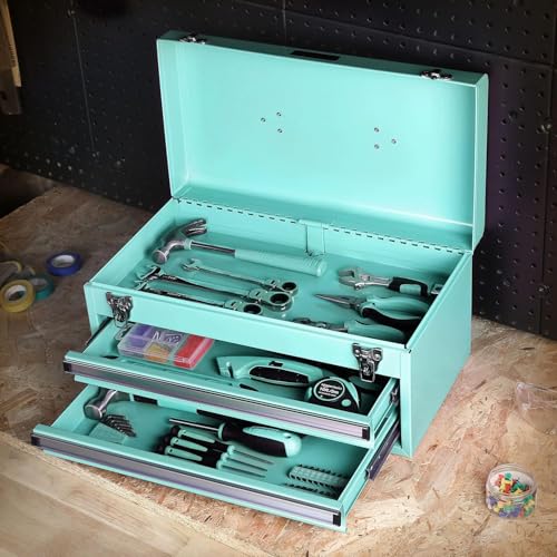 Amazon Basics Metal Tool Box with Drawers, Storage and Organization Tool Chest, Powder Coat Finish, 18.1 x 8.7 x 9.5 in, Turquoise