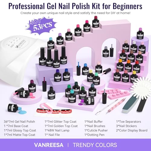 VANREESA Gel Nail Polish Kit with U V Light 53 Pcs Gel Polish Nail Set 36 Trendy Colors Nail Polish Set + Base and 4 Effects Top Coat with Manicure Tools Complete Nail Kit Gifts for Women Girls - color: Fantasy Party