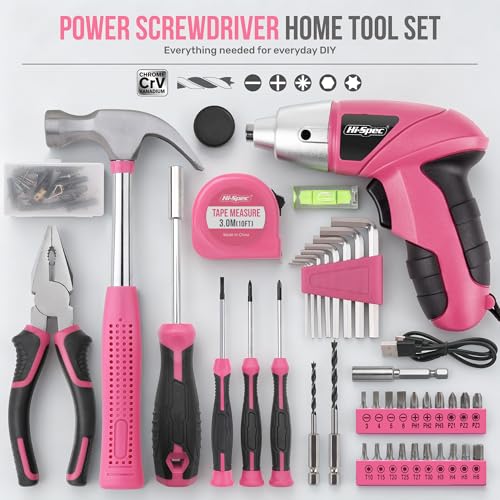 Hi-Spec 4V Electric Ladies Screwdriver Tool Kit Compact Portable Case, Pink - color: Pink