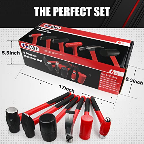 C&T 6-Piece Hammer Set, Fiberglass Handle & Mallet Set, Metal Working | Garage Home Kit | Mechanic Tools | Sledge Hammer | blacksmith Hammer | Ball Peen Hammers | Hand Tools - style: 6pc
