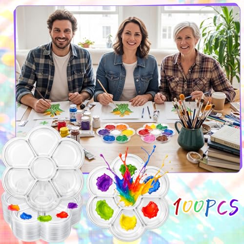 100 Pcs Large Clear Plum Blossom Paint Tray Palette Disposable Watercolor Palette Acrylic Paint Pallet Color Mixing Tray for Painting Party Oil Watercolor Craft Supplies DIY Art Painting - style: Plum Blossom 7 Square