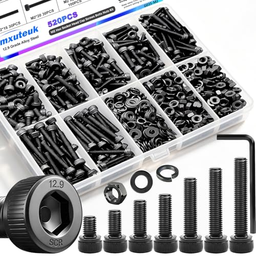 mxuteuk M2 Screws Assortment,M2 x 4/6/8/10/12/16/20mm Hex Socket Head Cap Screws Bolts Nuts Kit, 520PCS 12.9 Grade Alloy Steel Assorted Screws Small Metric Screws Suitable for 3D Printer DIY - size: 520PCS M2