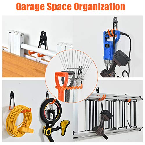 AOBEN 24PCS Garage Hooks, Heavy Duty Double Garage Hanger Organizer Wall Mount Iron Anti-Slip Garage Storage Hooks for Ladder, Power Tool,Bike,Ropes（23 Hooks & 1 hoder Strap-Orange - size: 24PCS OR