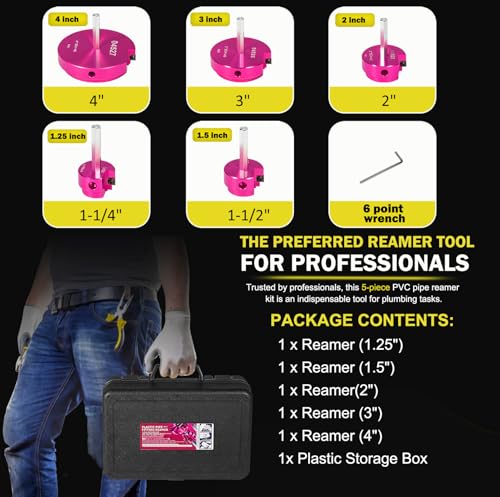 5-Piece PVC Pipe Reamer Tool Kit for PVC, CPVC, ABS Fittings, Includes 1.25", 1.5", 2", 3", 4" Reamers, 3/8" Hex Shaft, Compatible with Standard 1/2" Drills for Pipe Cleaning & Smoothing Edges - size: 1.25+1.5+2+3+4 Inch
