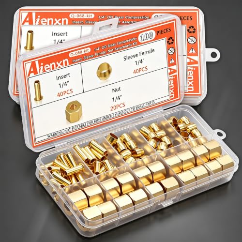 100PCS 1/4" Brass Compression Fittings Assortment kit, Insert, Sleeve Ferrule, Nut for Connecting air, Fuel, Water, Oil and inert Gases Lines - size: 1/4" (100PCS), style: Compression Fittings