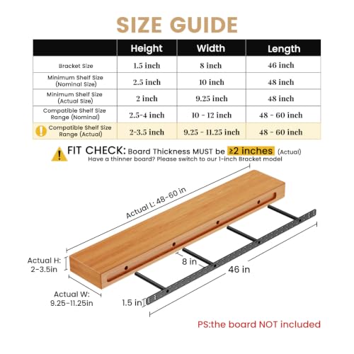 2pcs Floating Shelf Hardware Heavy Duty Hidden Shelf Brackets Support,Wall Mounting Invisible Floating Shelves Bracket with Jig (46" x 8" x 1.5") - size: 46" x 8" x 1.5"