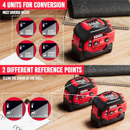 SENDA 3-in-1 Laser Tape Measure - 197Ft Digital Measuring Tape with Led Display&16Ft Measuring Tool with Magnetic Hook & Auto Lock - Pythagorean, Area, Volume, Ft/Ft+in/in/M Unit, AAA Battery*2, Red - color: Red(battery Model), size: 197 FT