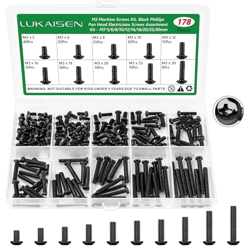 178 Pcs M3 Phillips Pan Head Machine Screws Kit for Laptop & RC | M3 x 5/6/8/10/12/16/18/20/25/30mm, Carbon Steel Black Metric Screws, for 3D Printer & Wall Socket Outlets, Storage Box - size: 178Pcs M3*5/6/8/10/12/16/18/20/25/30mm-Pan