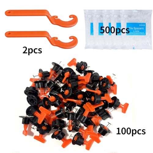Tile Leveling System Kit,100pcs Reusable Tile Leveler Spacers+500pcs Cross-shaped Tile Spacers+2 wrenches