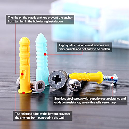 Glarks 220-Pieces Plastic Self Drilling Drywall Ribbed Anchors Hollow-Wall Anchor with Screws Assortment Kit for Drywall, Hollow-wall Hanging Wall Shelf or Blinds