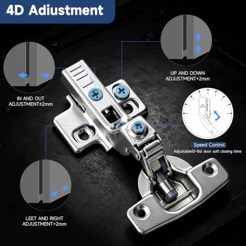 10 Pack Frameless Full Overlay Soft Close Cabinet Hinges,4D Adjustable with Speed Control, Clip‑On Concealed Hinges,105° Opening, Stainless Steel for Kitchen Cabinets - size: Full Overlay
