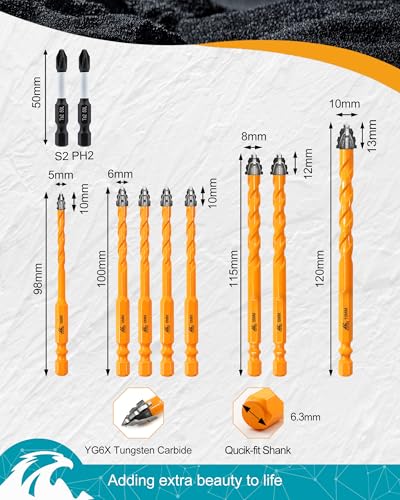 Upgraded Masonry Drill Bit Set 3/16" (5mm) to 3/8" (10mm), EXFEIN Serrated Drill Bits Set - 8-Piece Carbide Drill Bits and 2-Piece Magnetic Screwdriver Bits for Wood Plastic Tile Concrete Brick Marble - size: Set 3(10-Pack)