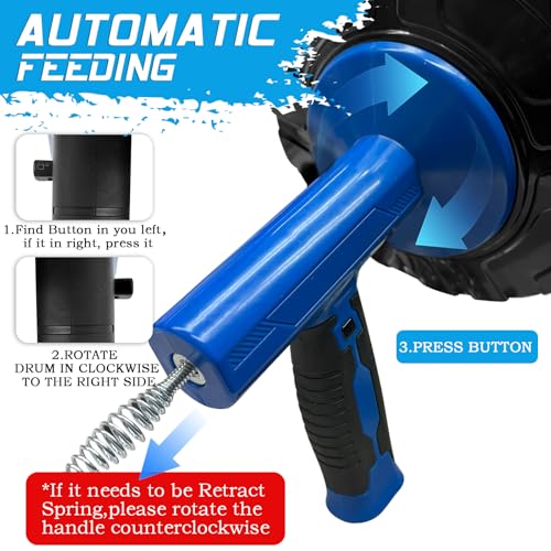 25FT Auto Feed Drain Snake Auger Drill or Manual Hair Clog Remover