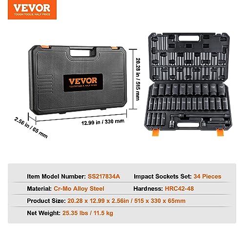 VEVOR 1/2" Drive Impact Socket Set, 34 Piece, Metric 8 to 36mm - size: 1/2" 34 PCS CR-MO