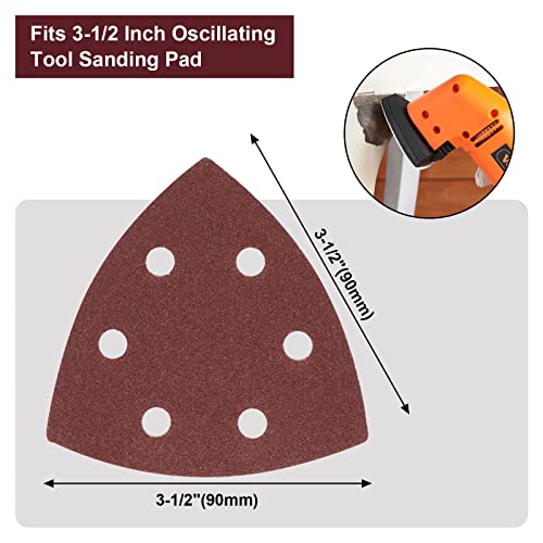 120 Pcs Triangle Sanding Pads, 150 Grits Detail Sander Sandpaper Hook and Loop Sanding Sheet,3.54"(90mm) Triangular Sandpaper for 3.5" Oscillating Multi Tool - size: 150 Grit, style: Hole