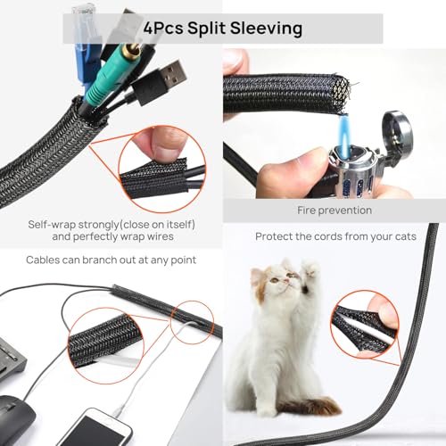 Cable Management Kit - 4 Cable Sleeve, 28 Self Adhesive Cable Clips, 29 Cord Holders, 10+2 Roll Cable Organizer Straps and 100 Fastening Cable Ties for TV Computer Under Desk (Black)