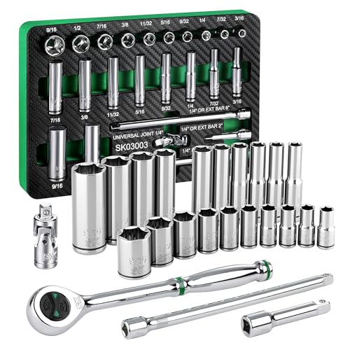 SK 1/4" Drive Socket Set with 160-P Ratchet, SAE, CR-V Steel