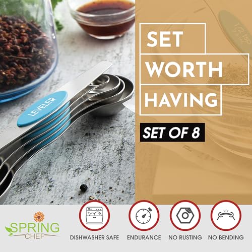 Spring Chef Stainless Steel 8 Magnetic Measuring Spoons for Kitchen, Teal - color: Teal, size: 1-Pack