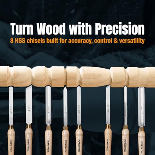 POWERTEC 8 Pcs Wood Lathe Chisel Set, HSS Steel Blades Wood Lathe Tools | Spindle Gouge, 2 Pcs Roughing Gouge, Spear Scraper, Round Nose Scraper, Parting Tool, 2 Pcs Skew Chisel (71824) - style: 8pcs set