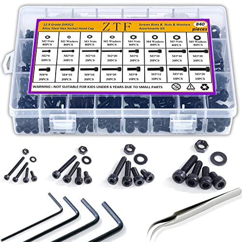 ZTF 840PCS M2 M3 M4 M5 Socket Head Cap Screws Nuts Assortment Kit with Storage Box, 12.9 Grade Alloy Steel Metric Thread Hexagon Allen Machine Bolt, DIN 912 Black Oxide Finish,4 Hex Wrenches Included - style: Hex Socket Head