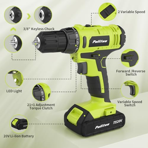 PULITUO'S 20V Cordless Drill/Driver, Electric Screwdriver - 2 Batteries, 30Nm, 21+1 Torque, 2 Speed, Keyless 3/8" Chase Drill with LED Light, Kit for Home (Green) - style: 20V Drill (green)- double
