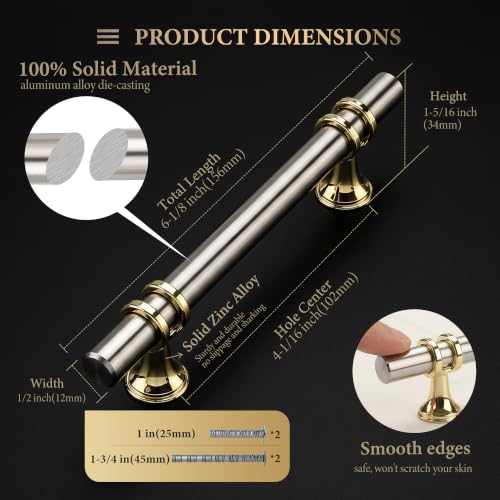 Haliwu 10 Pack 4 Inch Brused Nickel and Gold Cabinet Handles | 102mm Hole Center, Solid Aluminum and Zinc Alloy, Kitchen Pulls Hardware for Bathroom Drawer Dresser - color: Brushed nickel&Gold, size: 4-inch (102mm) hole spacing