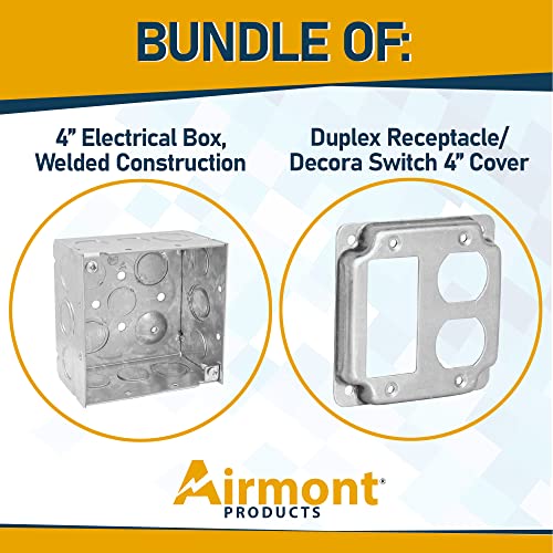 Pack of Box and Cover 4'' Square Electrical Box, 1 Rocker Switch, 1 Duplex Receptacle Exposed Work Cover, Crushed Corners, Welded Construction, Ten 1/2'' and Six TKO Knockouts, Raised Ground, 2-1/8'' - size: Rocker / Duplex