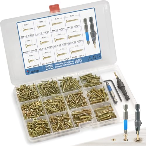420PCS Flat Head Phillips Wood Screws Assortment Kit, Zinc Coated Carbon Steel Self-Tapping Screw with Adjustable Wood Countersink (ZC1022 Mix) - size: ZC1022 Mix